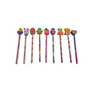 Lisa Frank Holiday Pencils & Eraser Toppers Lot of 9 Halloween Christmas Easter